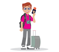 A man with a suitcase holding his passport and travel tickets in his hand