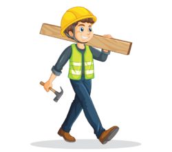 A man carrying a wooden plank and hammer while wearing a hard hat and reflective vest