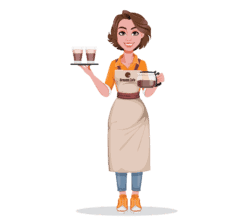 A woman holding a pot of coffee in one hand and a tray with two coffee cups in the other