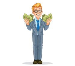 Smiling man in a suit holding money notes in both hands