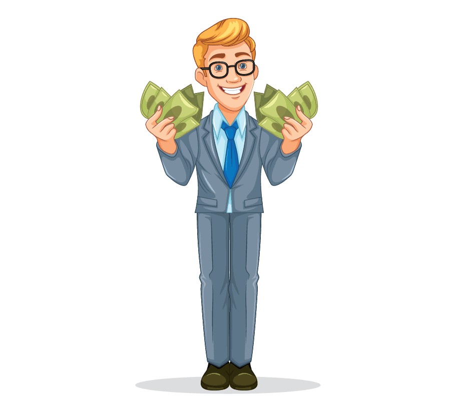 Smiling man in a suit holding money notes in both hands